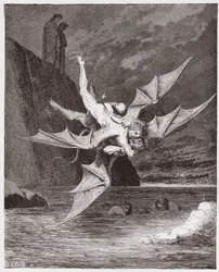La Divine Comédie, Enfer, Chant 22: Alichino et Calcabrina se battent au-dessus du poix - Illustration de Gustave Doré