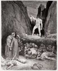 La Divine Comédie, Inferno, Chant 28 : La tête coupée de Bertrand de Born parle à Dante - par Dante Alighieri (1265-1321) - Illustration de Gustave Doré (1832-1883).