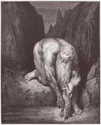 La Divine Comédie, Inferno, Chant 31 : Le géant Antée descend Dante et Virgile dans le dernier cercle - par Dante Alighieri (1265-1321) - Illustration par Gustave Doré (1832-1883)