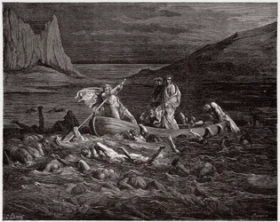 La Divine Comédie, Enfer, Chant 8 : Phlégias fait traverser le Styx à Dante et Virgile - de Dante Alighieri (1265-1321) - Illustration de Gustave Doré (1832-1883)