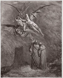 La Divine Comédie (La Divina Commedia, La Divine Comédie), Enfer, chant 9 : Les hideuses Érinyes : Mégère, Tisiphone, Alecto - de Dante Alighieri (1265-1321) - Illustration de Gustave Doré (1832-1883)