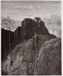 La Divine Comédie, Purgatorio, Chant 4 : Virgile guide Dante sur le flanc escarpé de la montagne - par Dante Alighieri (1265-1321) - Illustration de Gustave Doré (1832-1883).