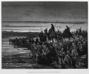 Les tribus hébraïques entrent en Canaan par le Jourdain, Illustration de la Bible de Doré
