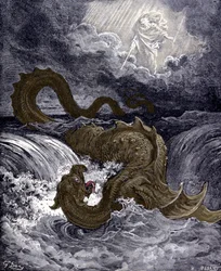 Le Léviathan, monstre marin ressemblant au serpent de mer mentionné dans la Bible. Illustrations de la Bible par Gustave Doré. Gravure du 19ème siècle.