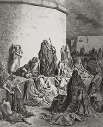Le peuple pleurant sur les ruines de Jérusalem, Lamentations 1:1-2 illustration de la 
