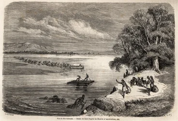 La traversée du fleuve Colorado en radeau, accompagnée de quelques Indiens Mohaves, dessin de Gustave Doré (1832-1883), pour illustrer le voyage du Mississippi à l