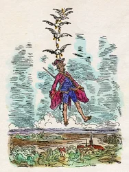 Les canards élèvent dans les airs le baron de Munchhausen (Munchausen). Illustration de Gustave Dore (1832-1883) pour "" Les merveilleuses aventures terrestres et maritimes du baron de Munchausen "" de Rudolf Erich Raspe (1737-1794).