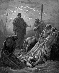 La pêche miraculeuse. Luc: 5:6. De la Bible illustrée de Gustave Doré 1865