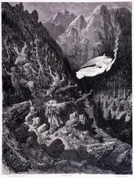 Le vieil homme tenant une bourse et son bâton marchant dans un paysage hostile est surmonté par un ange agitant une lance de feu, Planche VII - Illustration de Gustave Doré pour La légende du Juif errant de Pierre Dupont, édition Librairie du magasin pitto