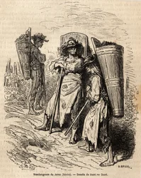 Les cueilleurs de Xérès. Dessin de Gustave Doré (1832-1883), pour illustrer son voyage en Espagne en 1862, avec Ch. Davillier. Gravure dans « Le tour du monde », édité par Édouard Charton