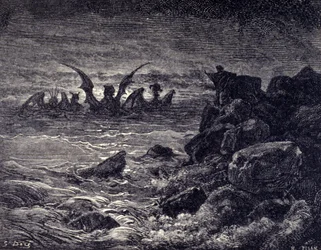 Le prophète Daniel voit apparaître des monstres : Haniel, Kafziel, Azriel, Aniel. Gravure de la Bible illustrée par Gustave Doré. 19e siècle