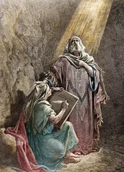 Le prophète Jérémie dictant ses prophéties à Baruch - Gravure coloriée de Pannemaker, extraite de la Bible de Gustave Doré (1832-1883) - Jérémie (650-585 av. J.-C.), prophète hébreu. Jérémie dictant ses prophéties à Baruch. Gravure de Pannemaker, La Bible