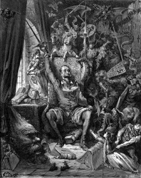 La lecture de Don Quichotte (Quixote ou Qijote). Gravure de Gustave Doré illustrant l