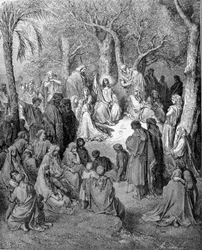 Le sermon de la montagne : Jésus-Christ prêche devant tous ses disciples. Illustration de la Bible (Nouveau Testament) par Gustave Doré (1832-1883) 1866
