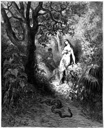 Le serpent se dirige vers Adam et Ève. Illustration de Gustave Doré pour « Le Paradis perdu » de John Milton (1608-1674) - Tentation - Pêche - Gravure de 1866. Collection privée
