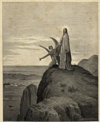 "La tentation du Christ" Jésus conduit dans le désert est tenté par le diable. Illustration de Gustave Dore (1832-1883) pour la Bible. 1866