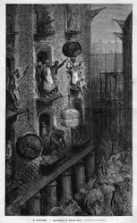 Vue de la vie à Londres. Dessin de Gustave Doré. Gravure dans « Le Monde Illustré » 1883. Collection privée.