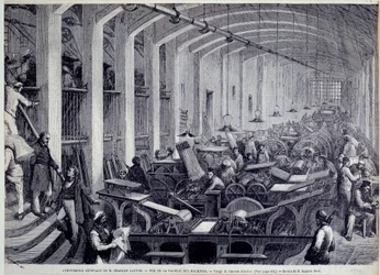 Vue de la galerie des machines à imprimer par Charles Lahure. Gravure de Gustave Doré (1832-1883) de "L