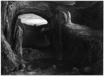Virgile (70-19 av. J.-C.) et Dante entrant en enfer, illustration de «La Divine Comédie» (Enfer) de Dante Alighieri (1265-1321), Paris, publiée en 1885