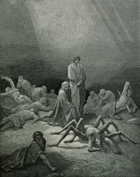 Virgile (70-19 av. J.-C.) et Dante regardant la femme araignée, illustration de 
