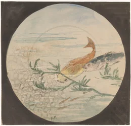 Conception pour une assiette avec un poisson jaune et un poisson bleu nageant vers le bas