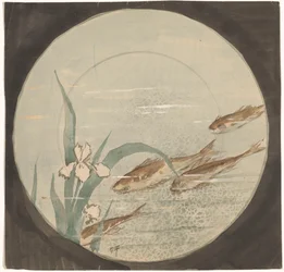 Projet pour une assiette avec quatre poissons bruns nageant vers le bas près d