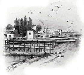 Atelier de réparation des bateaux omnibus (Bateau-bus) à Paris. Dessin de Gustave Fraipont (1849-1923) tiré de « La Seine à travers Paris » par Saint-Juirs