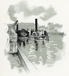 Bateaux amarrant dans le port de La Villette, Paris. Dessin de Gustave Fraipont (1849-1923) tiré de « La Seine à travers Paris » de Saint-Juirs