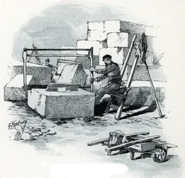 Chantier de pierres de taille du quai de Valmy, Paris. Dessin de Gustave Fraipont (1849-1923) tiré de « La Seine à travers Paris » par Saint-Juirs
