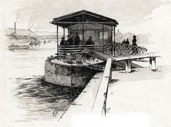 Embarcadère des Bateaux-Mouches sur la Seine, Paris (dessin de Gustave Fraipont)