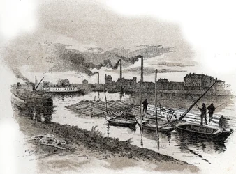 Ivry sur Seine, trains de bois. Dessin de Gustave Fraipont (1849-1923) tiré de « La Seine à travers Paris » par Saint-Juirs