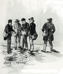 Les marchands de bouts de cigare dans le quartier Maubert, Paris. Dessin de Gustave Fraipont (1849-1923) d
