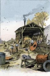 Réparations de bateaux dans la forge de Point du Jour près de Boulogne-Billancourt Dessin de Gustave Fraipont (1849-1923) tiré de « La Seine à travers Paris » par Saint-Juirs