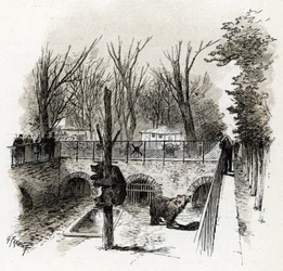 Vue de la fosse aux ours de la ménagerie du Jardin des Plantes, Paris. Dessin de Gustave Fraipont (1849-1923) tiré de « La Seine à travers Paris » de Saint-Juirs