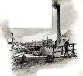Vue du lit asséché du canal Saint-Martin pendant la période de nettoyage. Dessin de Gustave Fraipont (1849-1923) d