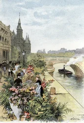 Vue du marché aux fleurs, Île de la Cité, Paris Dessin de Gustave Fraipont (1849-1923) de Saint-Juirs