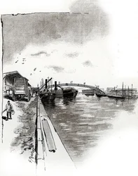Vue de la passerelle du Canal de la Villette, Paris. Dessin de Gustave Fraipont (1849-1923) tiré de « La Seine à travers Paris » par Saint-Juirs