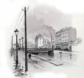 Vue du pont tournant du quai de Valmy sur le canal Saint-Martin, Paris (dessin de Gustave Fraipont)
