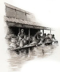 Lavandières sur le quai de Valmy, canal Saint-Martin, Paris (dessin de Gustave Fraipont)