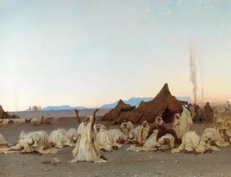 Prière du soir dans le désert du Sahara. Détail du campement touareg. Peinture de Gustave Achille Guillaumet (1840-1887), 1863. Soleil. 1,3x2,8 m. Paris, Musée d
