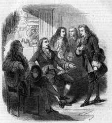 La rencontre entre le tsar russe Pierre le Grand (1672-1725) et Voltaire (François Marie Arouet, dit) (1694-1778). Gravure de Gustave Janet