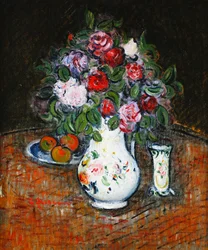 Vase de fleurs et bol de fruits