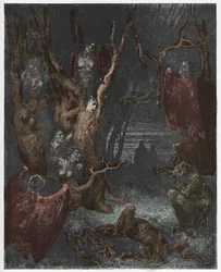 Enfer, chant 13 : Les Harpies dans la forêt des suicidés, illustration de la Divine Comédie de Dante Alighieri, 1885
