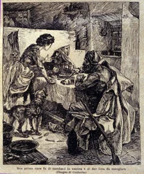 sa première préoccupation était de les conduire à la cuisine et de les nourrir... Illustration de la nouvelle « Colomba » écrite par Prosper Mérimée. Gravure de Gustavino (Gustavo Rosso) (1881-1950), vers 1915