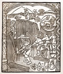 Calendrier des bergers - Les travaux des mois - Août - Gravure sur bois du livre de 1496 imprimé par Guy Marchant (Guido Mercator) à Troyes - Gravure sur bois dans « Le grand Calendrier et compost des bergers »