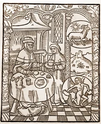Calendrier des bergers - Les travaux des mois - Janvier - Gravure sur bois du livre de 1496 imprimé par Guy Marchant à Troyes - Gravure sur bois dans 
