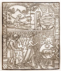 Calendrier du berger - Les Travaux des Mois - Mars - Gravure sur bois du livre de 1496 imprimé par Guy Marchant (Guido Mercator) à Troyes - Gravure sur bois dans "Le grand Calendrier et compost des bergers".