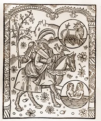 Calendrier du berger - Les Travaux des Mois - Mai - Gravure sur bois du livre de 1496 imprimé par Guy Marchant à Troyes - Gravure sur bois dans « Le grand Calendrier et compost des bergers »