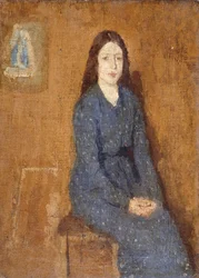 Jeune Fille Assise en Robe Bleue à Pois