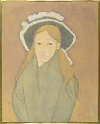 Fille avec grand chapeau et cheveux couleur paille, 1910s